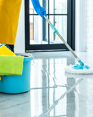 A mop and bucket on the floor of a room.